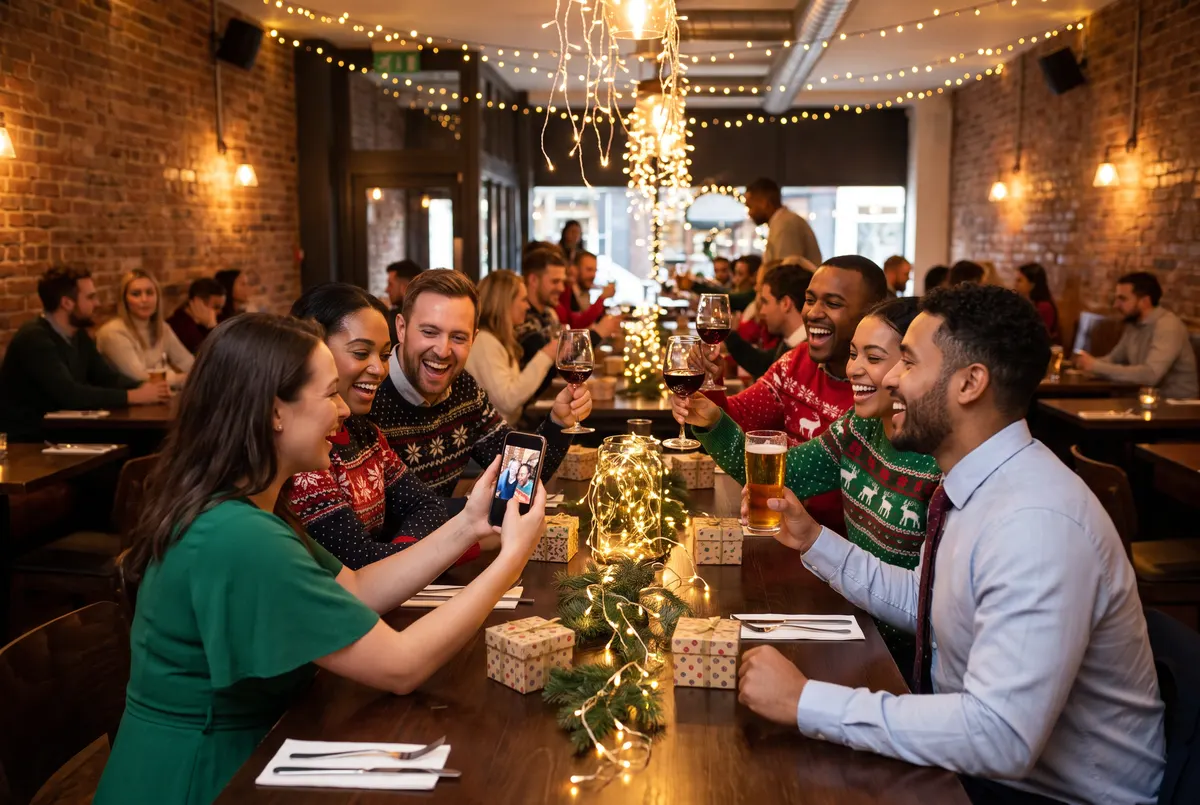 Compañeros de trabajo brindando en una cena de Navidad de empresa (imagen ilustrativa)