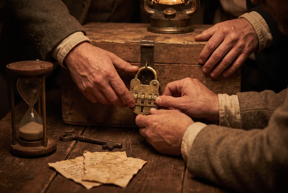 Manos de varios jugadores abriendo un candado de combinación en una caja de madera (imagen ilustrativa)