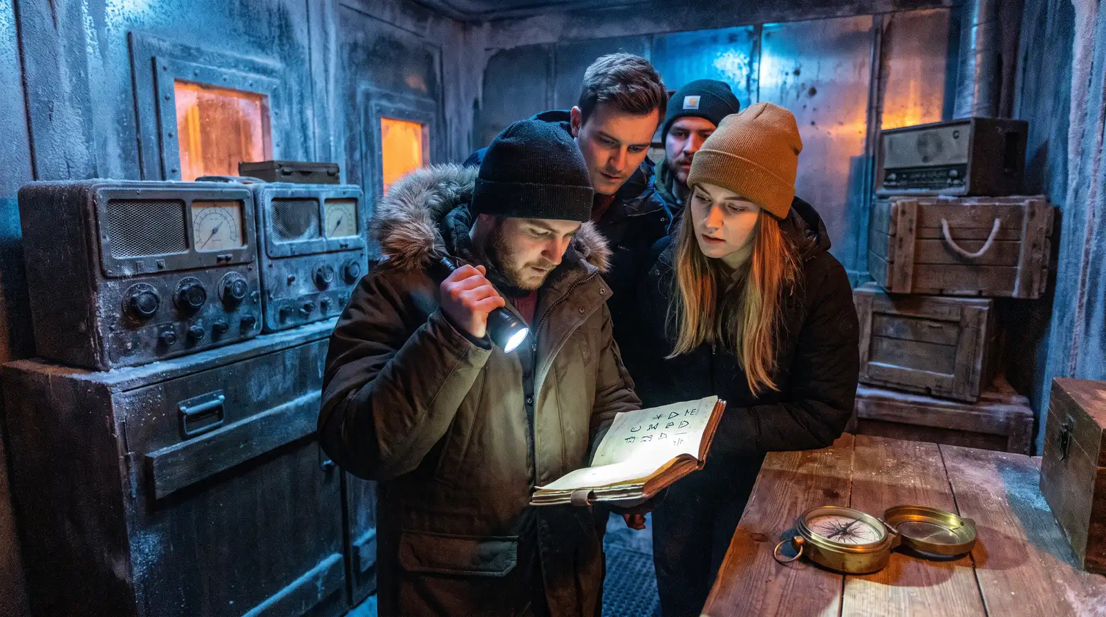 Grupo de amigos leyendo un cuaderno de claves en un escape room de expedición polar (imagen ilustrativa)