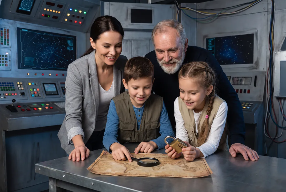 Madre, abuelo y dos niños resolviendo un enigma con un mapa y un candado en un escape room (imagen ilustrativa)