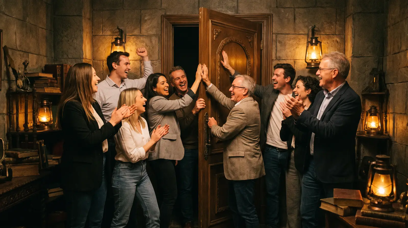 Equipo de compañeros celebrando al abrir la puerta de un escape room (imagen ilustrativa)